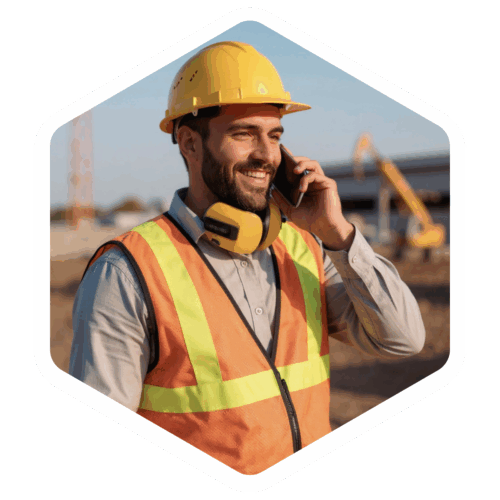 Ein Bauarbeiter mit gelbem Helm, Warnweste und Gehörschutz um den Hals telefoniert auf einer Baustelle; im Hintergrund sind Baumaschinen zu sehen.