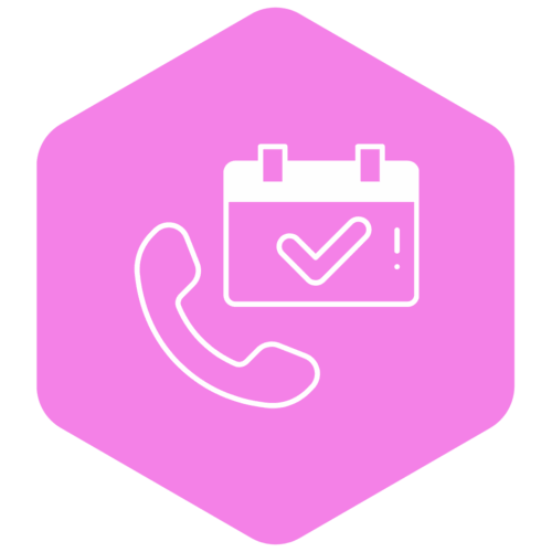 Weißes Symbol eines Telefonhörers und eines Kalenders mit Häkchen auf einem pinken, sechseckigen Hintergrund.