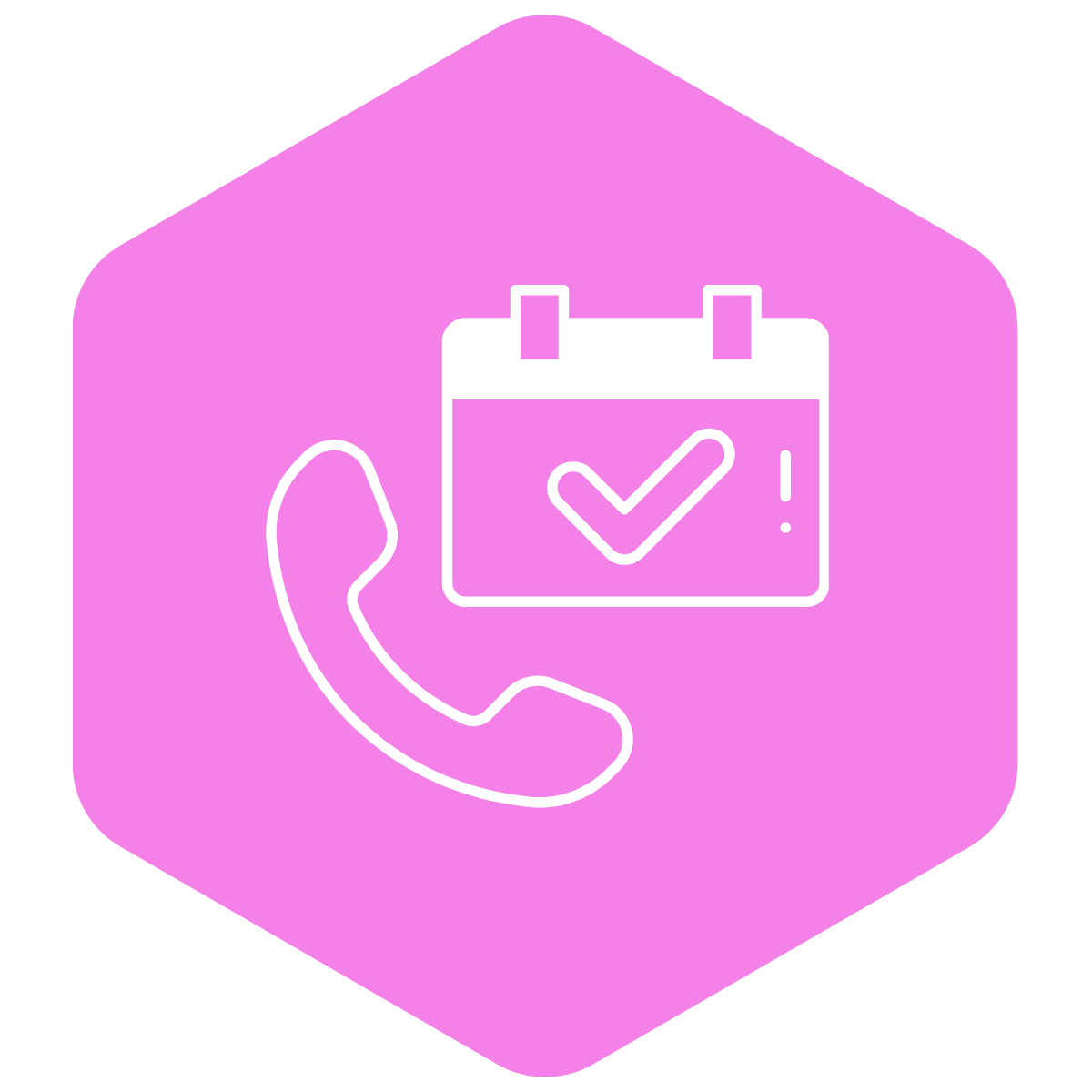 Weißes Symbol eines Telefonhörers und eines Kalenders mit Häkchen auf einem pinken, sechseckigen Hintergrund.