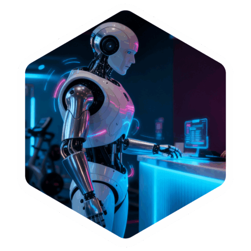 Ein humanoider Roboter steht an einem beleuchteten futuristischen Tresen und interagiert mit einem holografisch wirkenden Computerinterface; neonblaue und pinke Lichter erzeugen eine High-Tech-Atmosphäre.