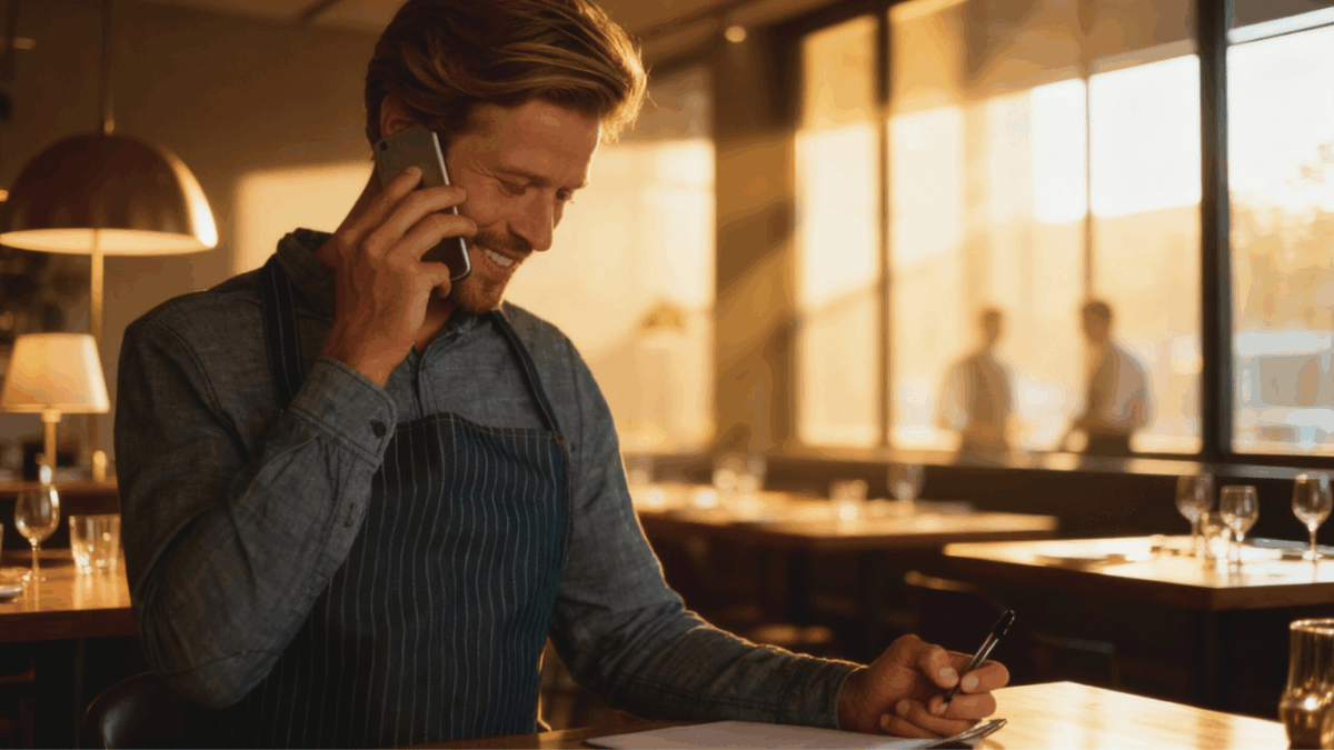Ein lachender Mann im Restaurant, der eine Schürze trägt und telefoniert, während er gleichzeitig Notizen auf einem Blatt Papier macht. Warmes Sonnenlicht fällt durch große Fenster in den Raum.