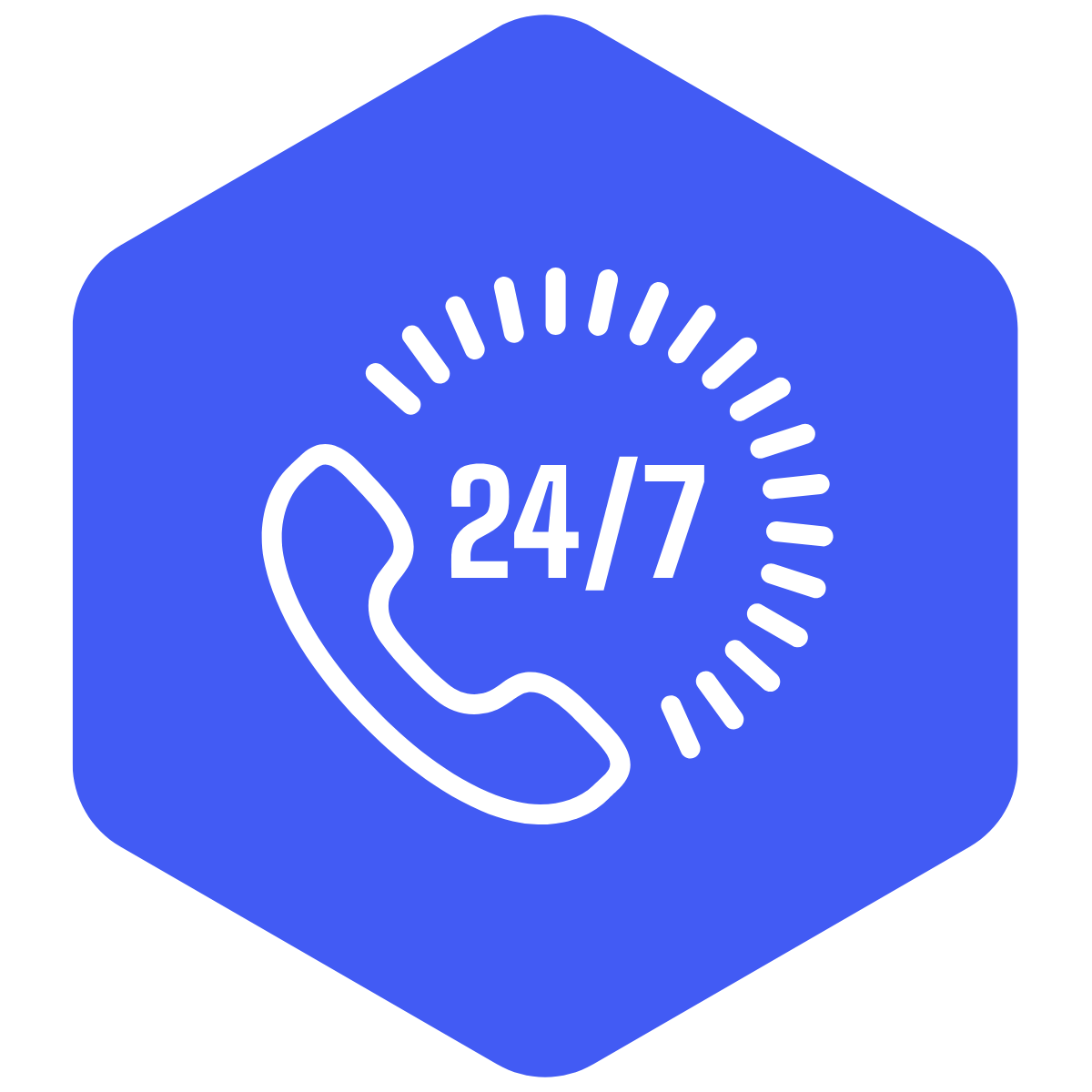 Weißes Telefonsymbol mit der Aufschrift ‚24/7‘ und umgebenden Strahlenlinien auf einem blauen, sechseckigen Hintergrund.
