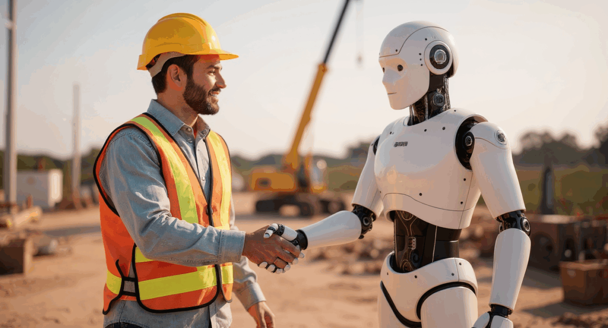 Ein Bauarbeiter mit Schutzhelm und Warnweste schüttelt auf einer Baustelle die Hand eines humanoiden Roboters; im Hintergrund sind Baumaschinen und eine sonnige Landschaft zu sehen.