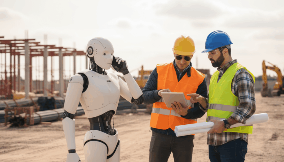Ein humanoider Roboter hält ein Smartphone ans Ohr, während zwei Bauarbeiter mit Schutzhelmen und Warnwesten daneben auf einer Baustelle Baupläne und ein Tablet besprechen; im Hintergrund sind Stahlkonstruktionen und Baumaschinen zu sehen.