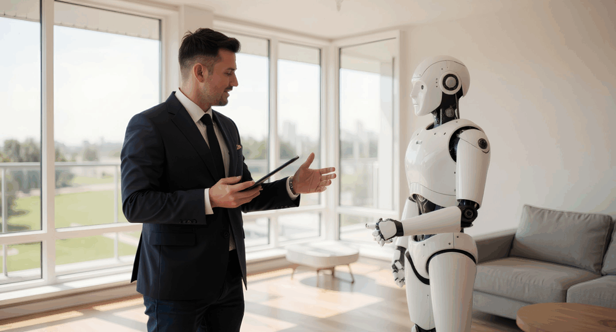 Ein Immobilienmakler präsentiert einem weißen humanoiden Roboter ein modernes, lichtdurchflutetes Apartment während einer Wohnungsbesichtigung.