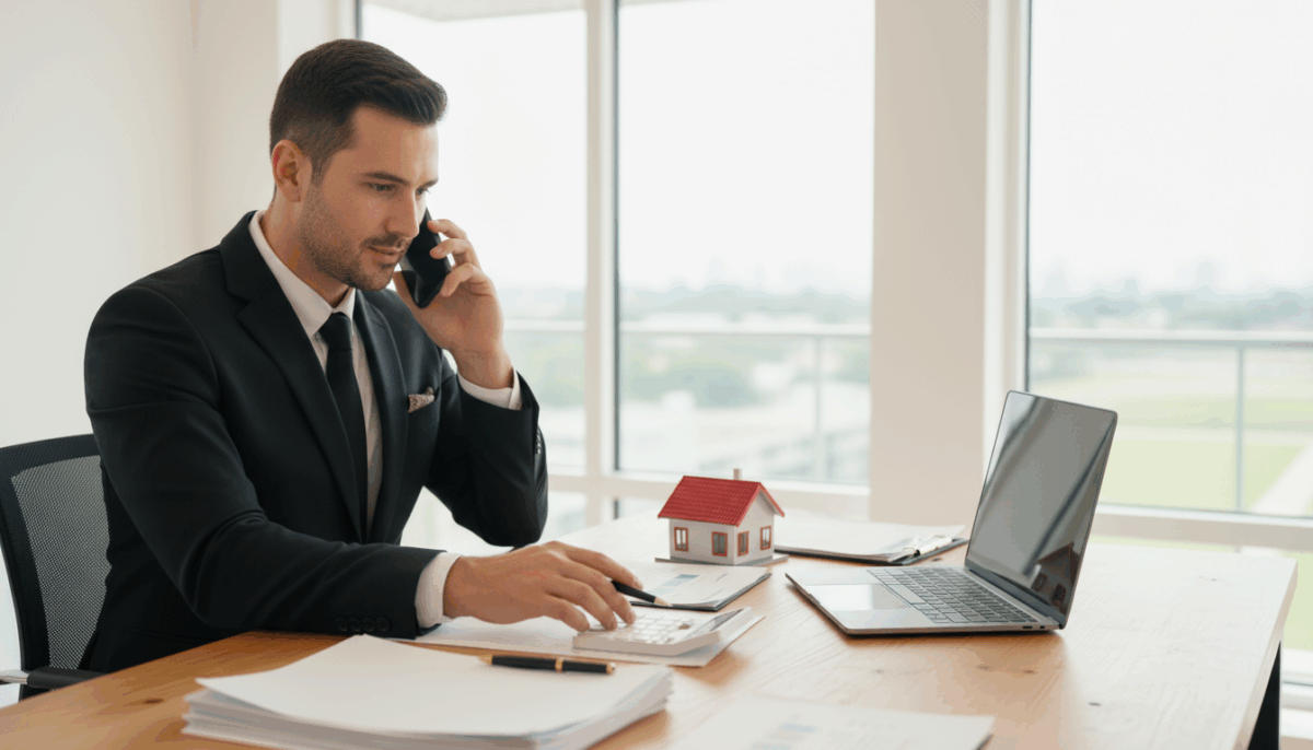 Ein Geschäftsmann in einem dunkelblauen Anzug sitzt an einem Holztisch, hält ein Telefon an sein Ohr und legt seine andere Hand neben ein kleines Modellhaus. Auf dem Tisch liegen Dokumente, ein Taschenrechner und ein Laptop – eine typische Büroszene aus dem Immobilienbereich.