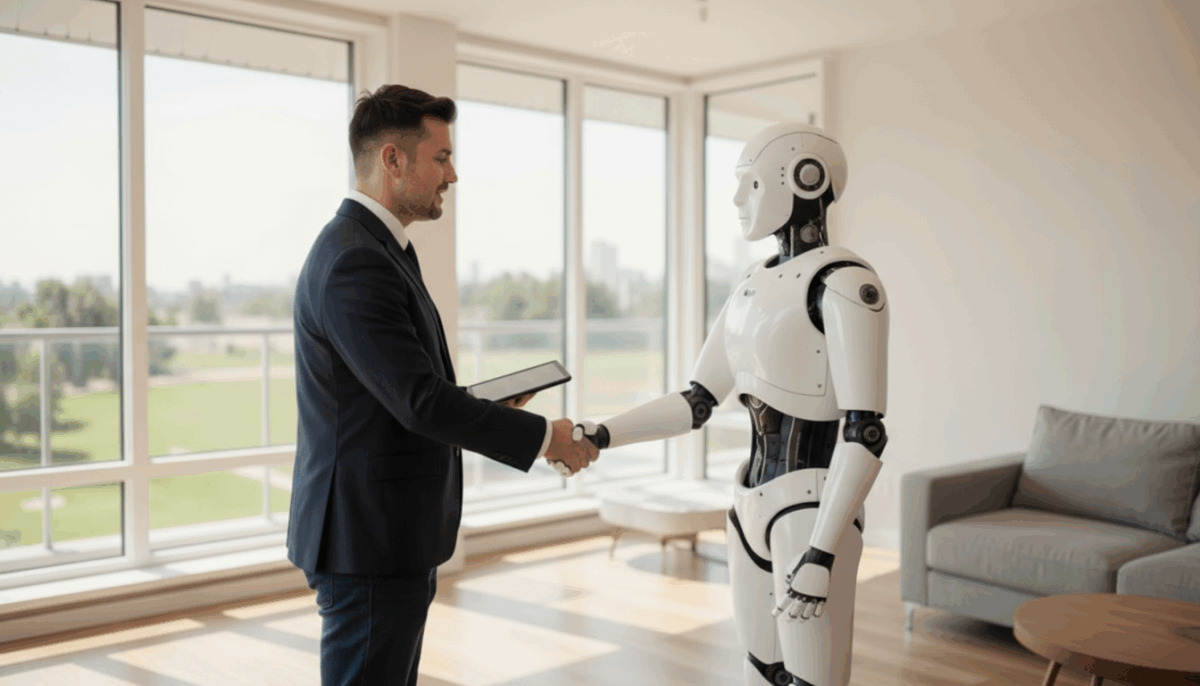 Geschäftsmann in modernem Apartment schüttelt einem humanoiden Roboter die Hand – symbolische Partnerschaft zwischen Mensch und KI-Technologie.